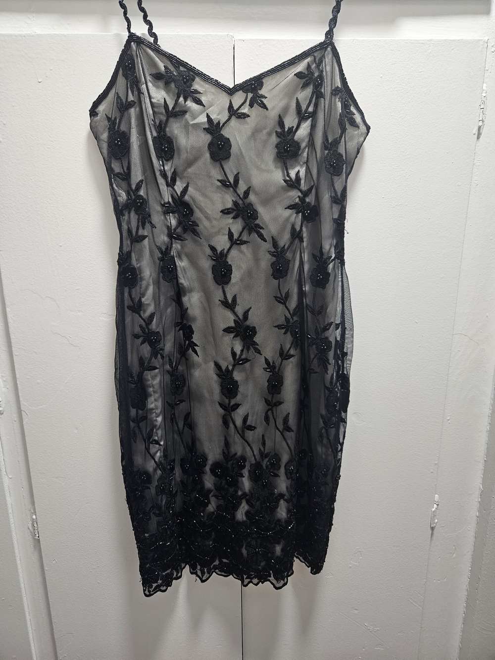 Papell Boutique Black Beaded Floral Mesh Slip Dress